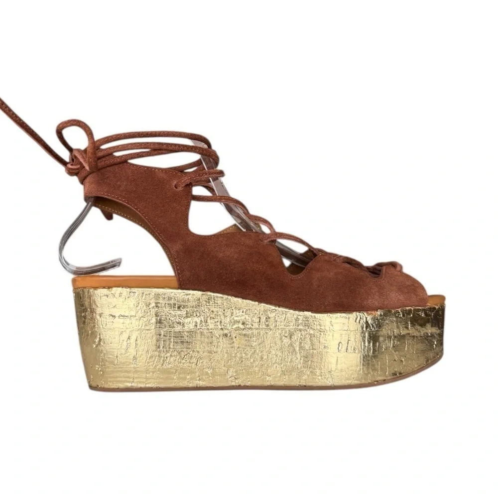 See By Chloe Liana Lace Up Platform Sandals Honey Gum Brown & Gold  Size: 38